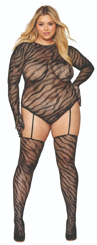 Sports stockings for athletic activitiesPlus Size Zebra Print Bodystocking with Built-In Gloves