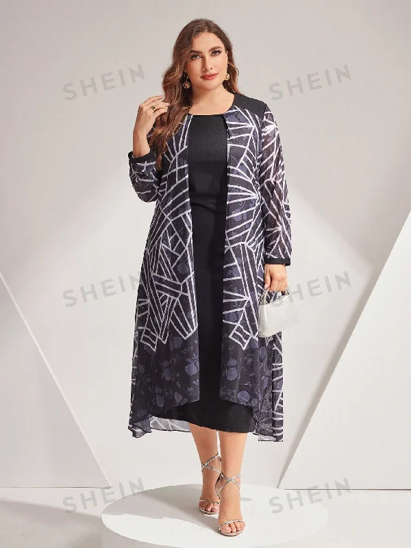 Red sexy dresses for a passionate and attention - grabbing styleSHEIN Modely Women's Plus Size Patchwork Printed Dress