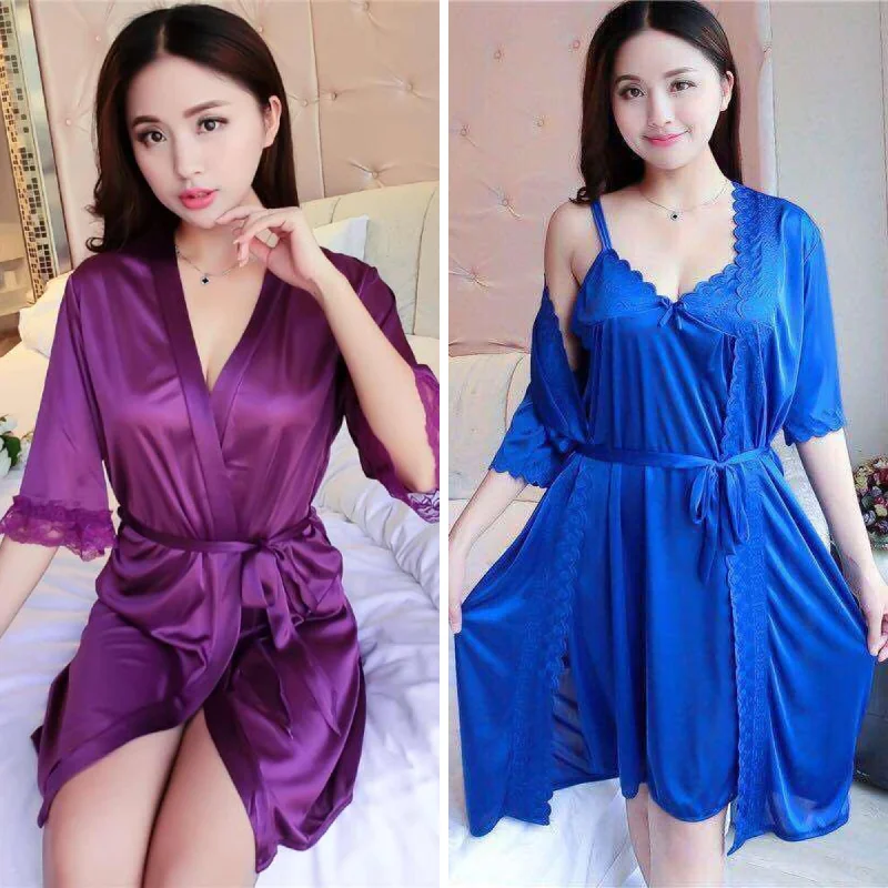 Blue sexy dresses in various shades for a cool aestheticPack Of 2 - Short Night Dress & Full Sleeves Robe - Purple & Navy Blue