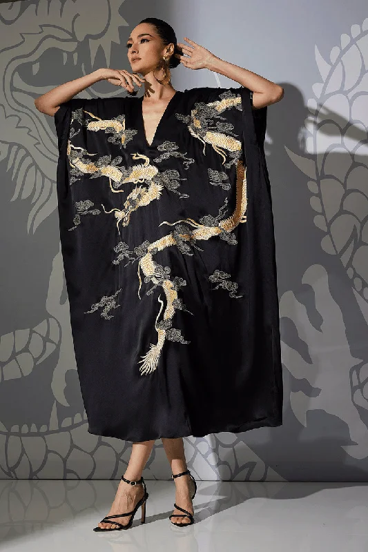 Women's Thermal Lingerie for Cold Weather Couture Lucky Dragon Embroidered Cocoon Silk Caftan