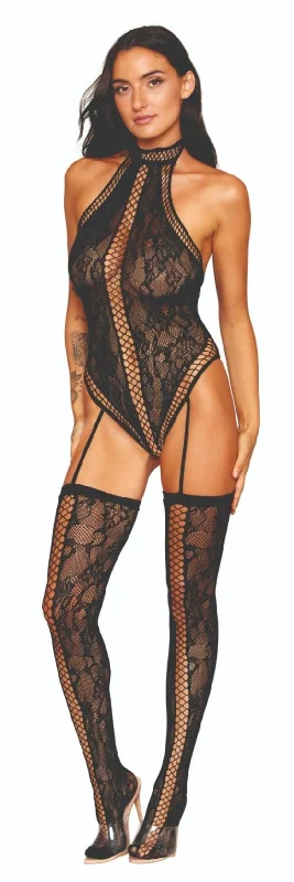 Halloween - themed stockings for a spooky costumeTempting Lace Crisscross Bodystocking Set
