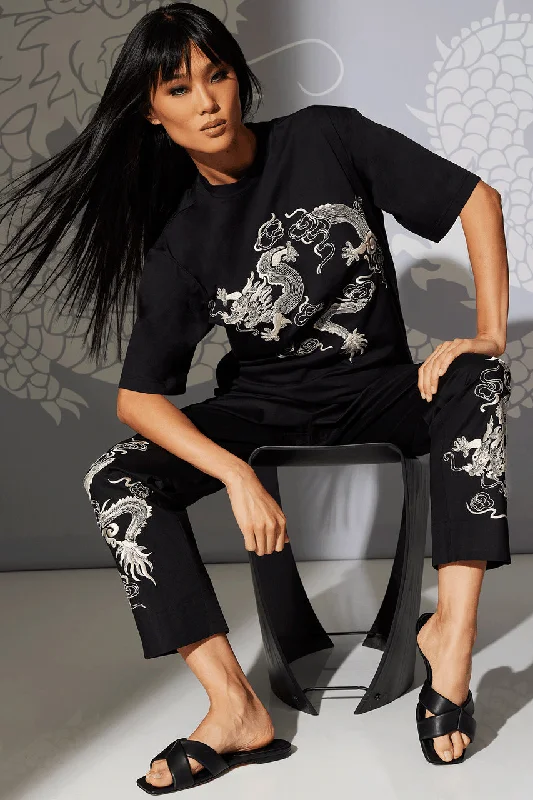 Women's Everyday Wear Lingerie Dragon Cotton Jersey Embroidered Unisex Shirt