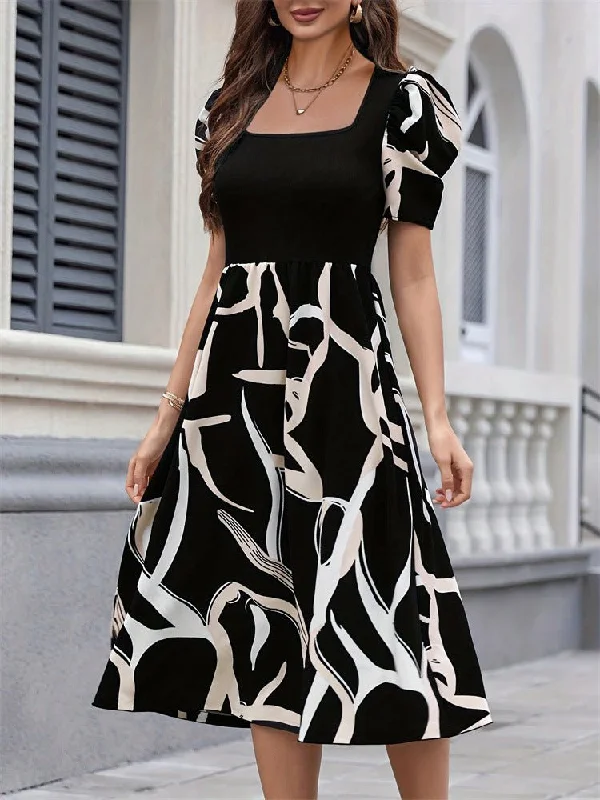 Orange sexy dresses for a bold and energetic statementKnitted printed elastic square neck slim short sleeve puff sleeve dress