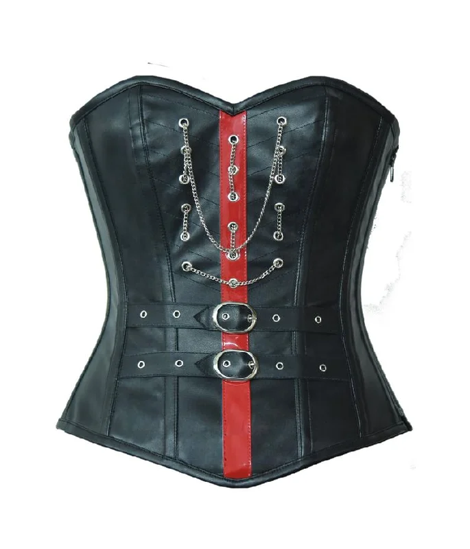 Satin corsets with a shiny and elegant finishChiesa Black Leather Overbust Corset With Red PVC Stripe