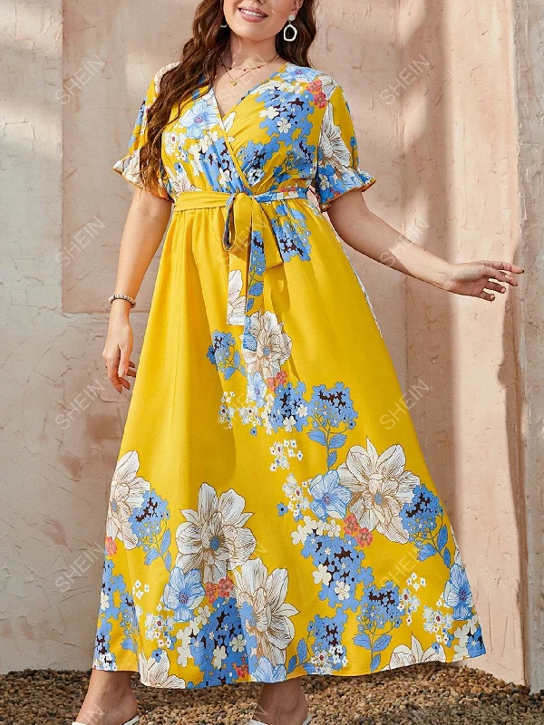 Blue sexy dresses in various shades for a cool aestheticSHEIN Mulvari Plus Floral Print Puff Sleeve Belted Dress