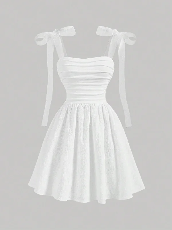 Organza - trimmed sexy dresses for a delicate touchMOD Women White Mesh Strap Pleated Romantic Summer Dress