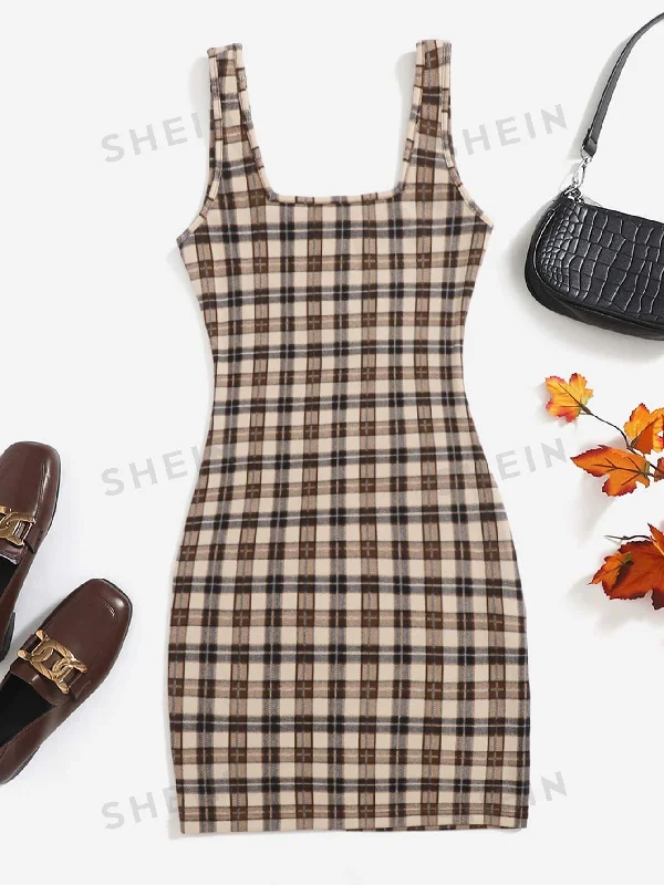 Red sexy dresses for a passionate and attention - grabbing styleEZwear Plaid Print Cami Dress