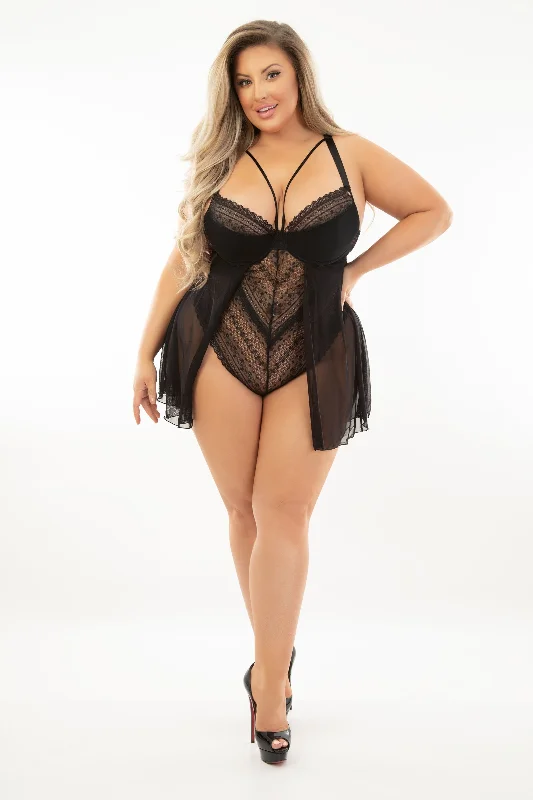 Women's Thermal Lingerie for Cold Weather Escante ES-30411X  Lace Teddydoll open crotch and adjustable straps, Plus Sizes