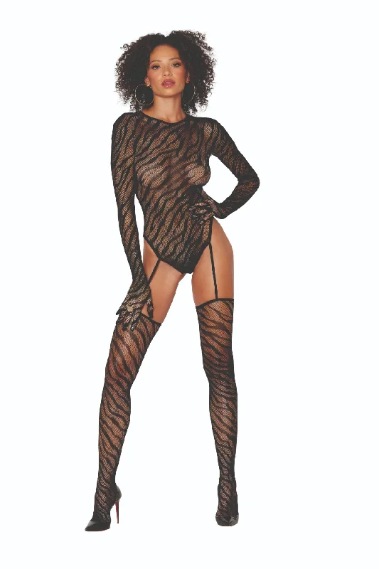 Dance - wear stockings for performancesZebra Print Teddy Bodystocking with Build-In Gloves