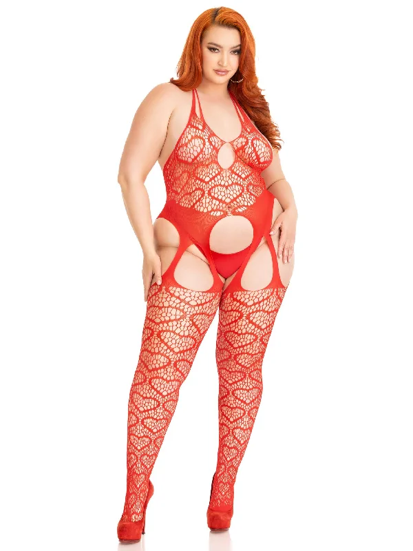 Thigh - high stockings with a lace garter beltSeamless Heart Net Suspender Bodystocking - 1x/2x  - Red