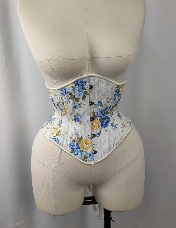 Posture - correcting bustiers for better spinal alignmentBlue Yellow and Ivory Floral Jacquard Steel Boned High Hip Underbust Corset
