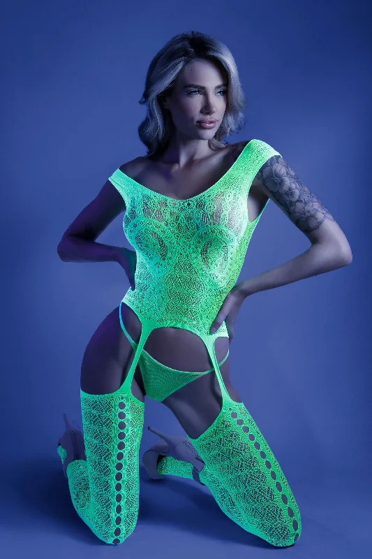 Cotton - blend stockings for breathabilitySupersonic Mosaic Bodystocking - One Size- Neon  Green