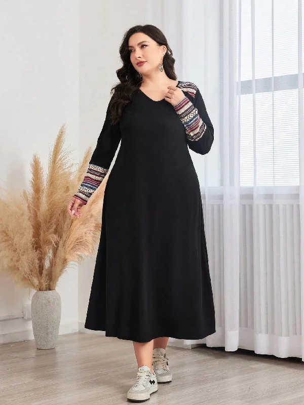 Tiered sexy dresses for a flouncy and feminine appearanceSHEIN Mulvari Plus Geo Print V Neck Dress
