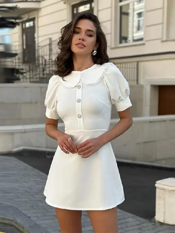 Sexy high - low dresses with a daring frontSuzie Doll Collar Statement Dress