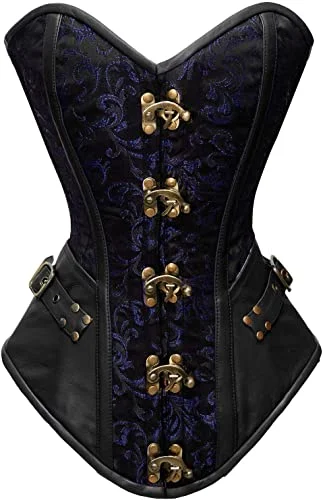 Victorian - era corsets with intricate boning detailsTolleson Blue Brocade & Black Faux Leather Overbust Corset