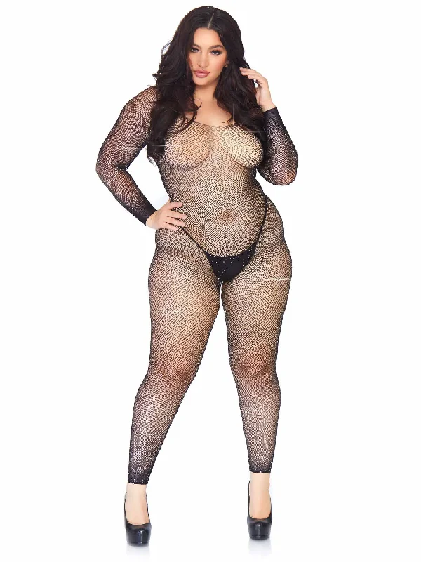 Pink stockings for a sweet and feminine appealCrystalized Seamless Fishnet Long Sleeved  Bodystocking - 1x/2x - Black