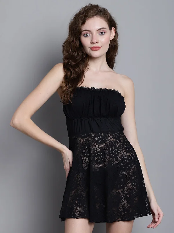 Beaded sexy dresses for added sparkleBabydoll Delicate Net Tube Dress - Black