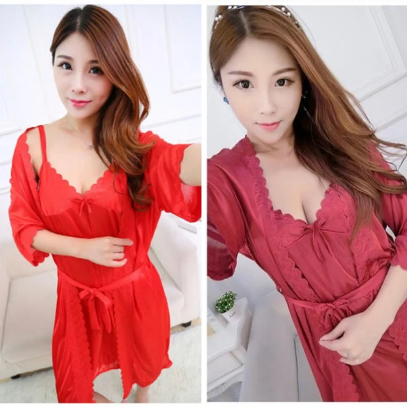 Asymmetrical - hemmed sexy dresses for a modern stylePack Of 2 - Short Night Dress & Full Sleeves Robe - Maroon & Red