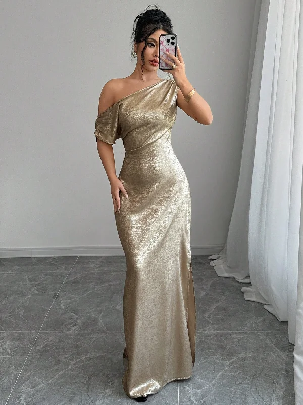 High - necked sexy dresses with a low - back detailElenzya Women's Summer Elegant Asymmetric Neck Metallic Dress High - necked sexy dresses with a low - back detailElenzya Women's Summer Elegant Asymmetric Neck Metallic Dress
