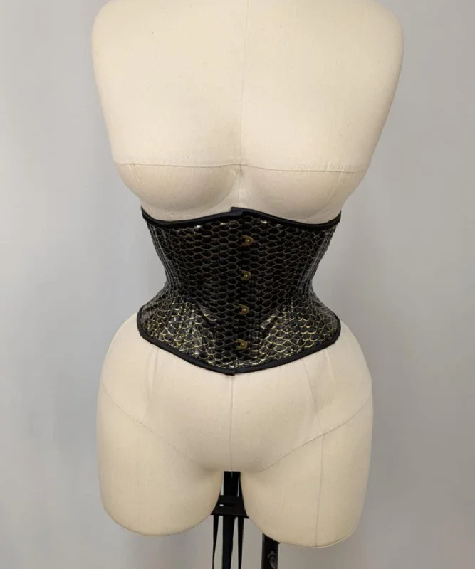 Satin corsets with a shiny and elegant finishBlack and Gold Dragon Vinyl Steel Boned Waspie Underbust Corset
