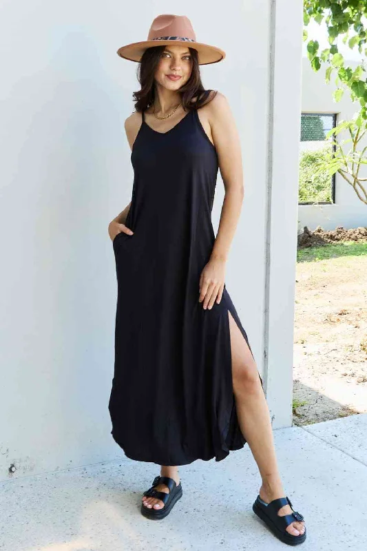 Ruffled sexy dresses for a playful lookNinexis Good Energy Full Size Cami Side Slit Maxi Dress in Black, Also in Plus sizes Ruffled sexy dresses for a playful lookNinexis Good Energy Full Size Cami Side Slit Maxi Dress in Black, Also in Plus sizes