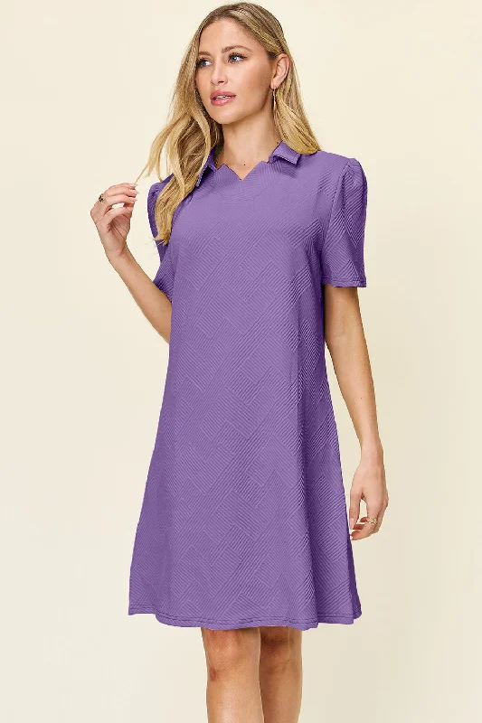 Gold - toned sexy dresses for a glamorous eventDouble Take Full Size Texture Collared Neck Short Sleeve Dress