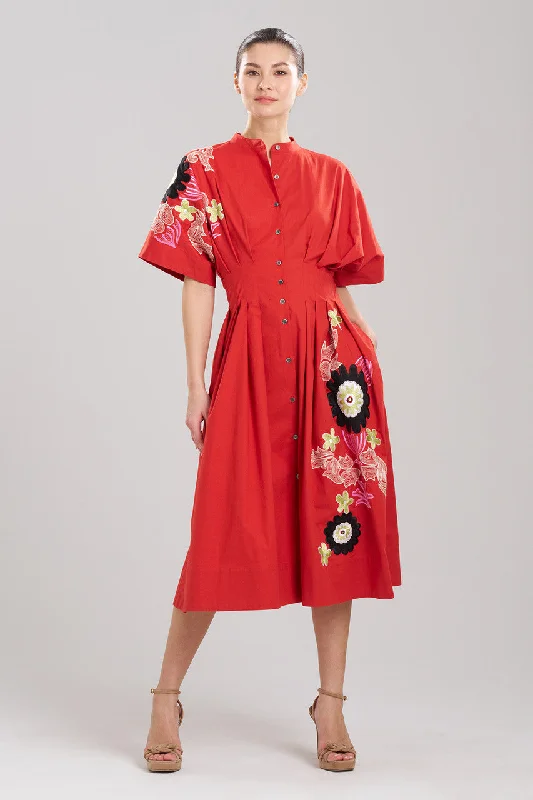 Sexy backless evening dresses with a deep V - cutCotton Poplin Embroidered Maxi Pleated Dress