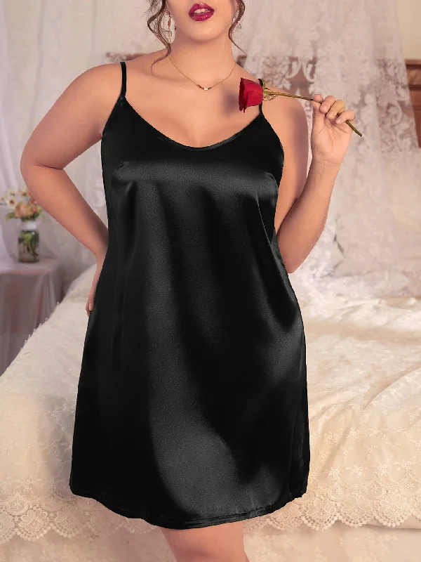 Sexy off - the - shoulder dresses for a flirty lookSHEIN SilkySpell Plus Solid Satin Cami Pajama Nightdress