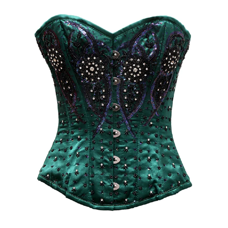 Removable - boning corsets for easy cleaningAuriemma Green Satin Satin Embroidery Overbust Corset
