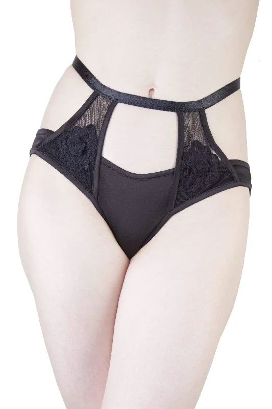 Women's bras with a neoprene componentEffie Black Satin and Mesh Applique Brief