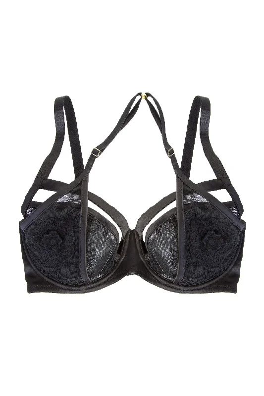 Women's bras with adjustable back closuresEffie Black Satin and Mesh Applique DD/E-K Bra Women's bras with adjustable back closuresEffie Black Satin and Mesh Applique DD/E-K Bra