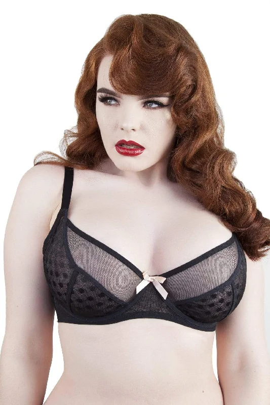 Women's bras crafted from stretchy spandexIsa Black dot mesh Net DD/E-G Bra