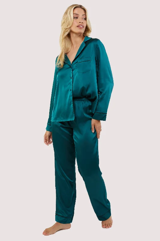 Bra with a plus - size padded strap for reduced shoulder strain​ Teal and Black Satin Piping Pyjama Set