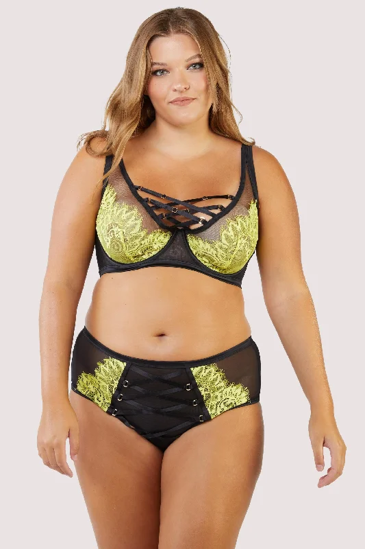 Bra with a plus - size underbust band for a secure fit​ Kylie Black/Lime Lace Up High Waist Knicker