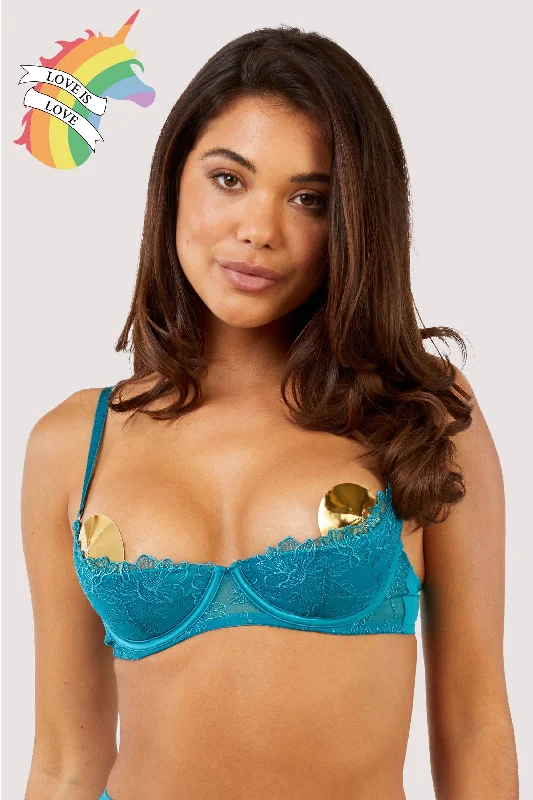 Bra with a memory foam cup for a customized fit​ Marsha Teal Embroidery And Rings Quarter Cup Bra