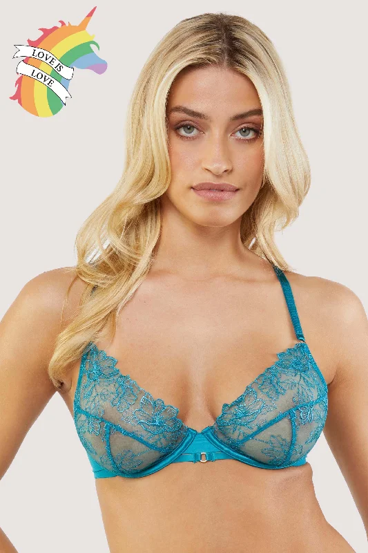 Bra with a reversible design for double the style options​ Marsha Teal Embroidery And Rings Plunge Bra
