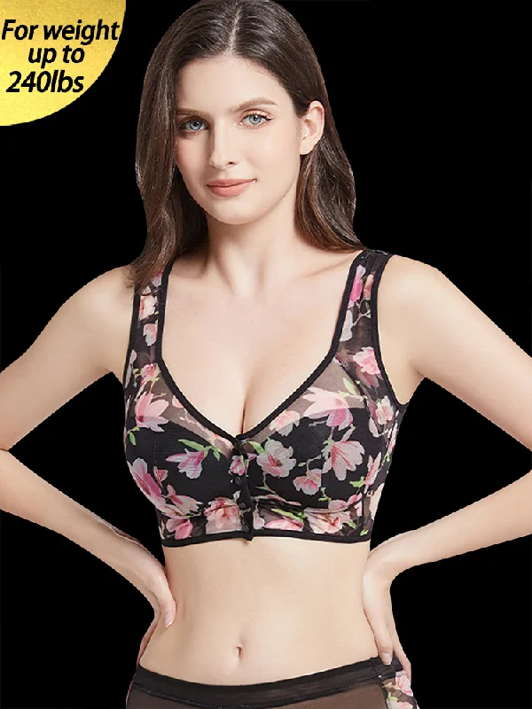 Back - closure bras with traditional hook - and - eye fastenings​ Spring Flower Print Front Closure Mesh Wireless Bra