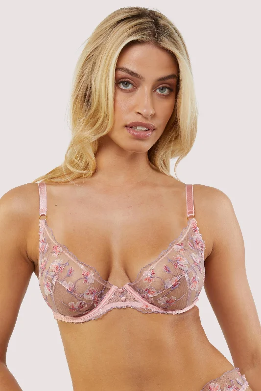 Bra with a balconette style for a flirty neckline​ Nella Peach Floral Embroidery Button Bra